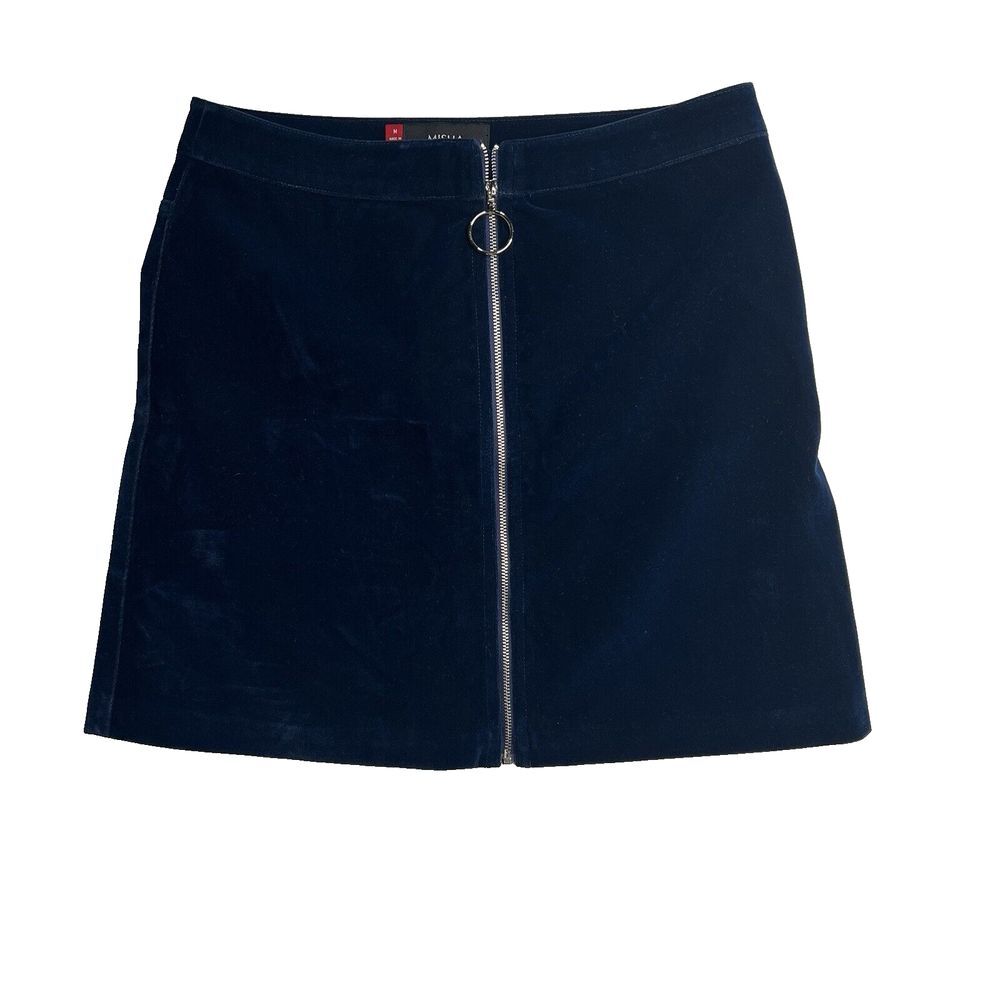 Misha NoNoo Mini Skirt Blue Velvet‎ Size Medium Boho Retro '60's Front Zipper